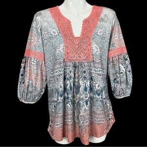 One World Bohemian Split Neck Studded Crochet Detail Poly Spandex Top Large